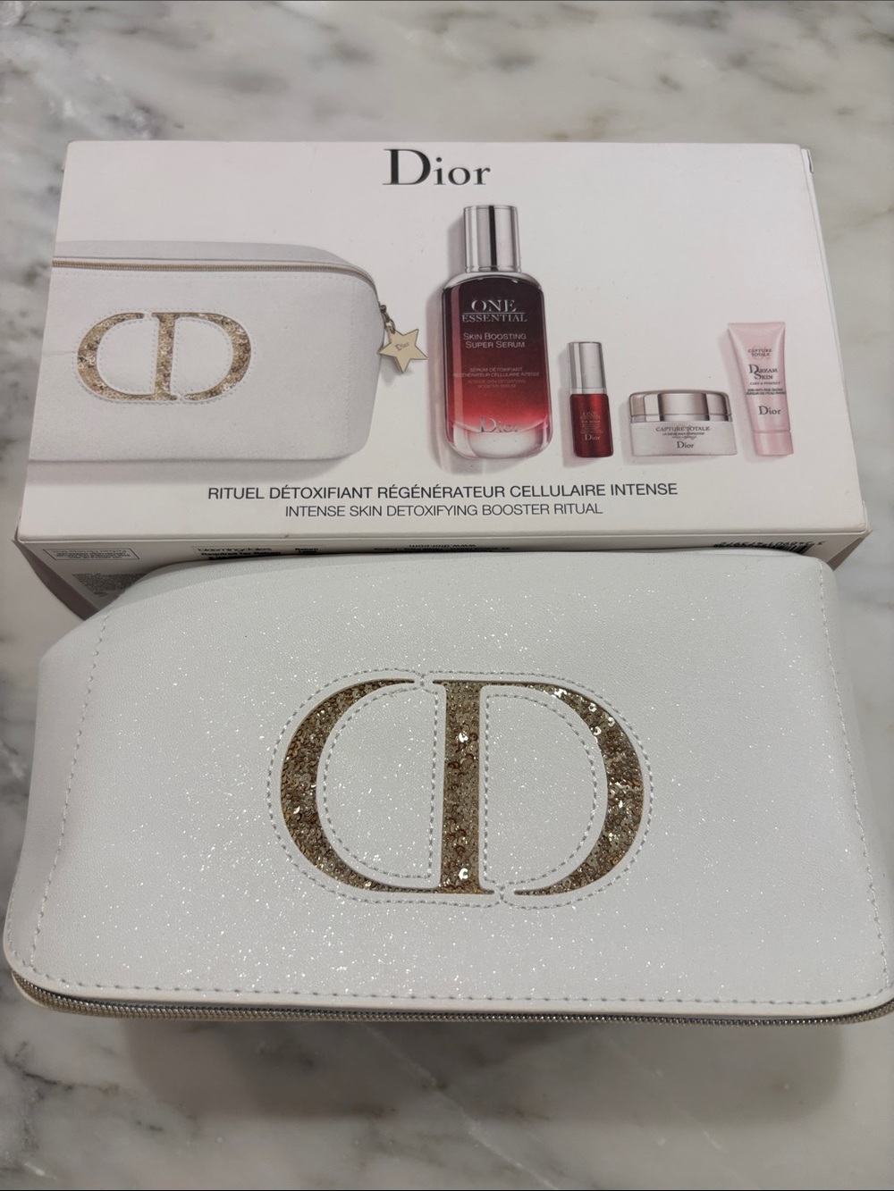 Dior White Glitter Cosmetic Pouch with Gold CD Emblem EMPTY Makeup CASE